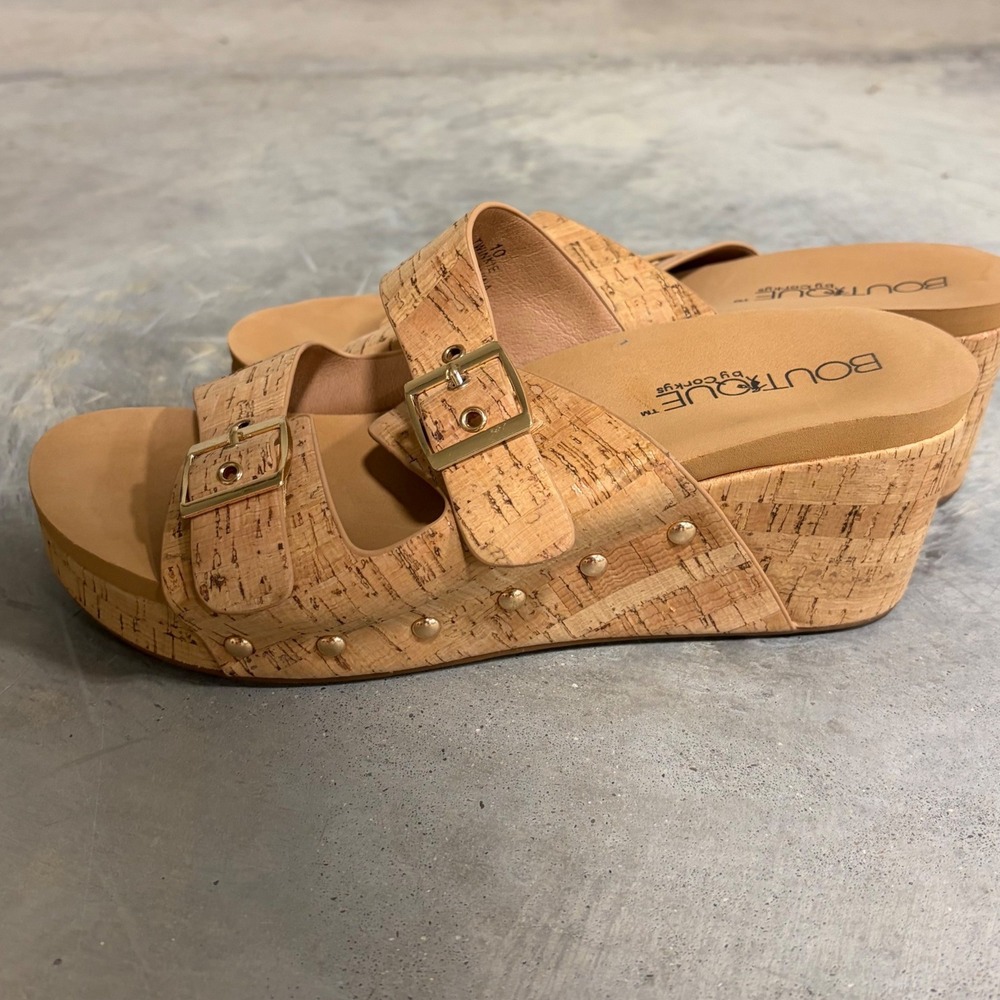 Boutique by Corkys Twinkie Cork Wedge Sandals Buckle Straps Tan Women 10